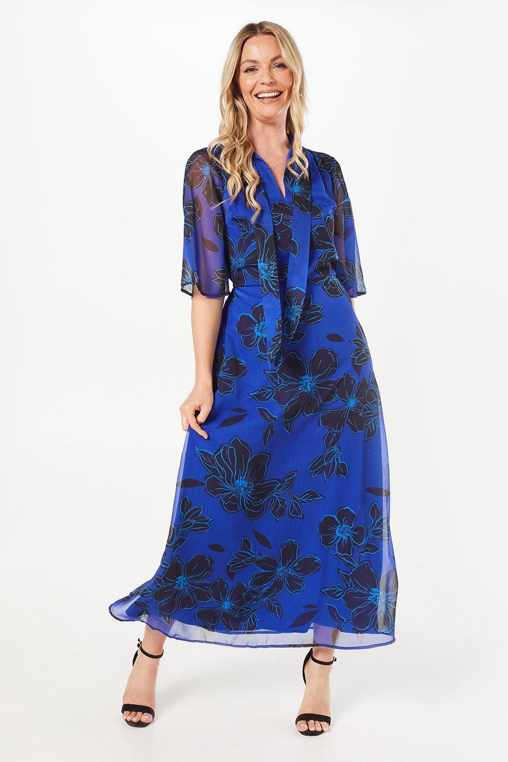 Dorothy Perkins Womens Tall Blue Floral Tie Neck Midi Dress | Rather Saucy