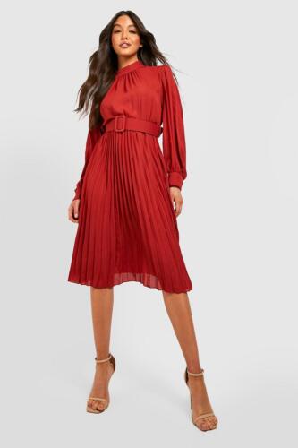 Boohoo Womens Pleated Chiffon Belted Midi Skater Dress Rather Saucy